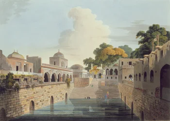 Un baoli cerca de la ciudad vieja de Delhi, lámina XVIII de la parte 4 de «Oriental Scenery», publicado en 1802